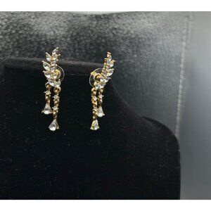 Gold Toned Ear Stud Earrings Crystal Leaf Design Drop Wing Shaped Earrings